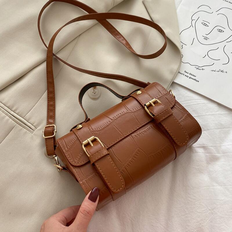 

Croc Embossed Buckle Satchel Bag, Brown