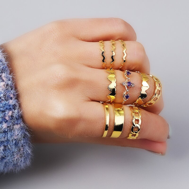 

9pcs Heart Decor Ring, Gold