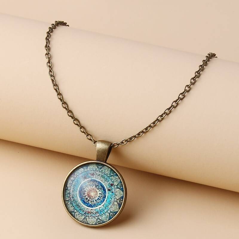 

Floral Coin Pendant Necklace, Blue