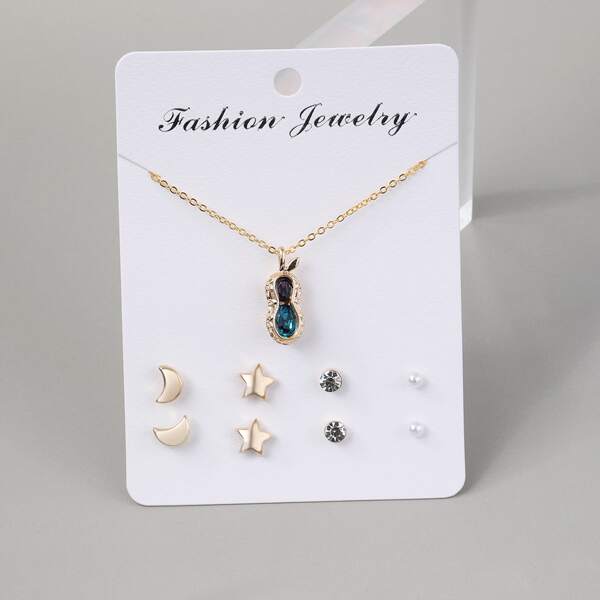 

Zircon Charm Necklace & 4pairs Earrings, Multicolor