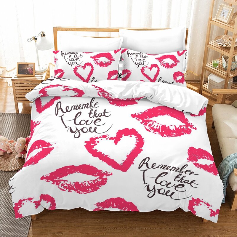 

Heart & Lip Print Duvet Cover Set Without Filler, Multicolor