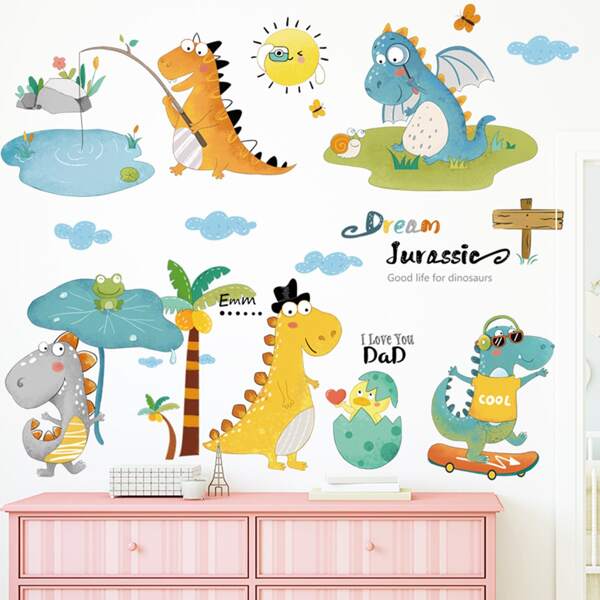 

2sheets Kids Cartoon Dinosaur Print Wall Sticker, Multicolor