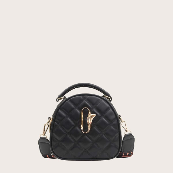 

Metal Decor Quilted Satchel Bag, Black