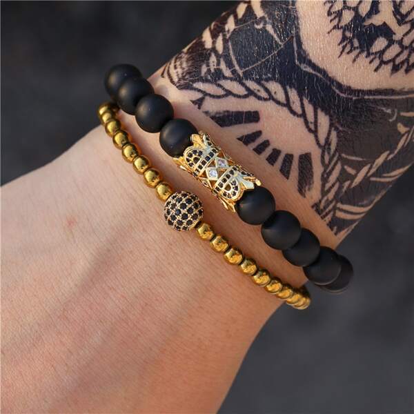 

2pcs Men Zircon Decor Beaded Bracelet, Gold