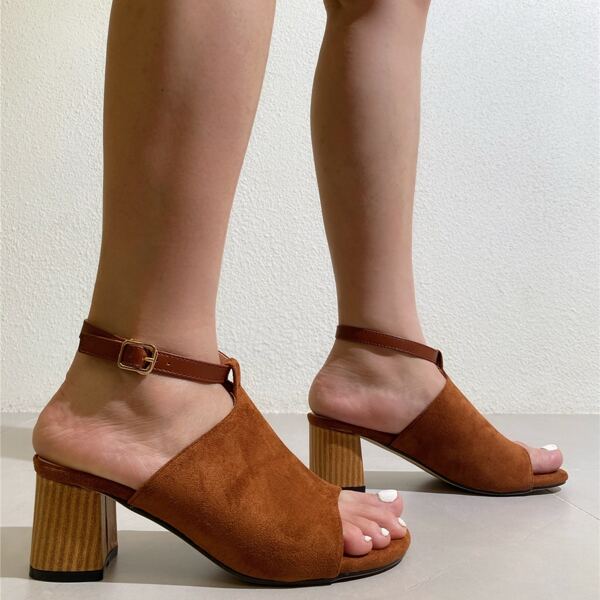 

Ankle Strap Chunky Heeled Suede Sandals, Brown