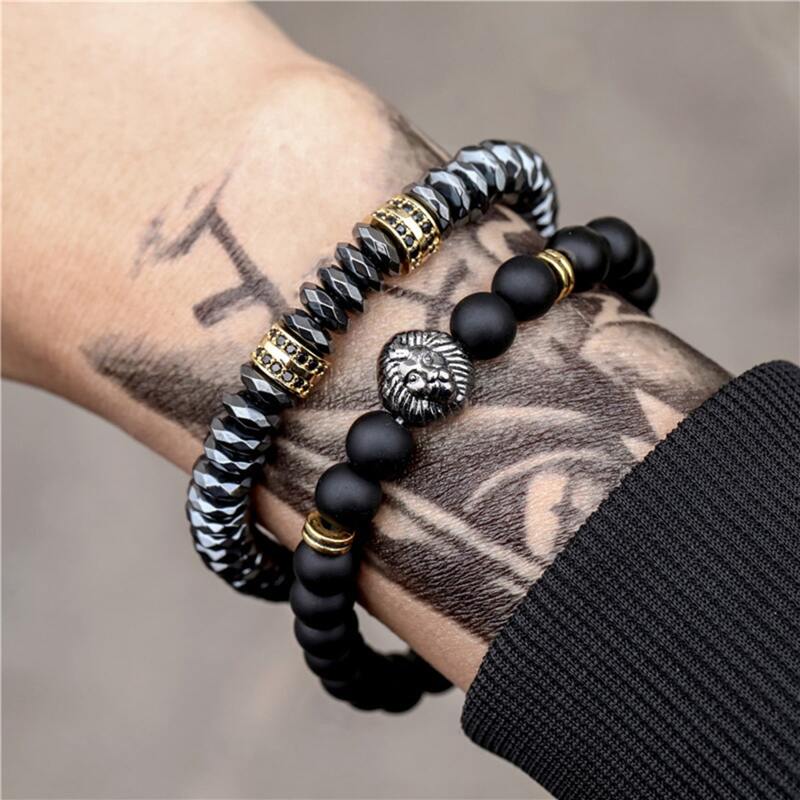 

2pcs Guys Animal Decor Beaded Bracelet, Black