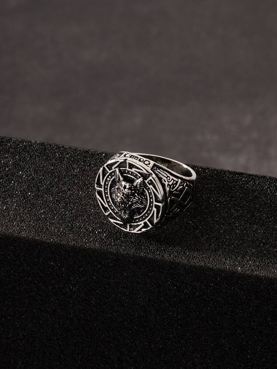 Men Animal Decor Ring - Antique Silver - View 1