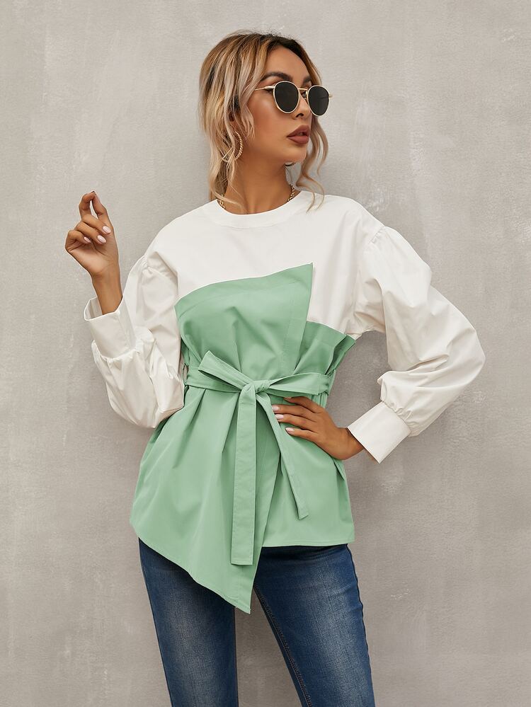 SHEIN LUNE Color Block Belted 2 In 1 Top - Multicolor - View 1