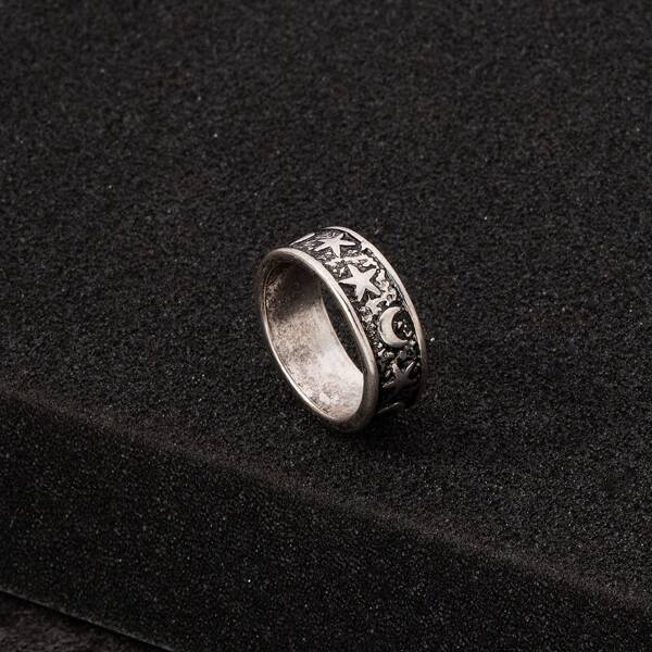 

Men Star & Moon Engraved Ring, Antique silver