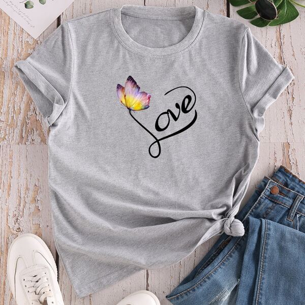 

Butterfly & Letter Graphic Tee, Light grey
