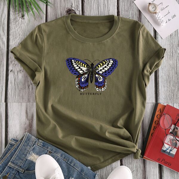 

Butterfly & Letter Graphic Tee, Army green