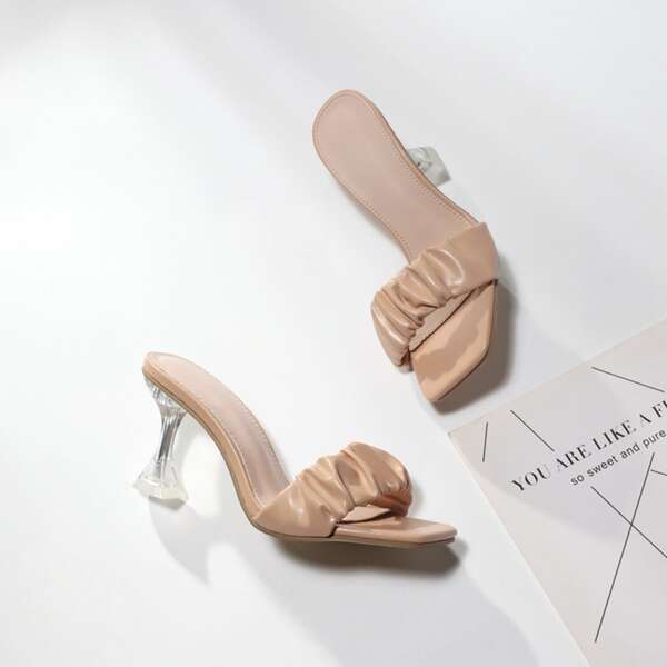 

Ruched Pyramid Heeled Mules, Apricot