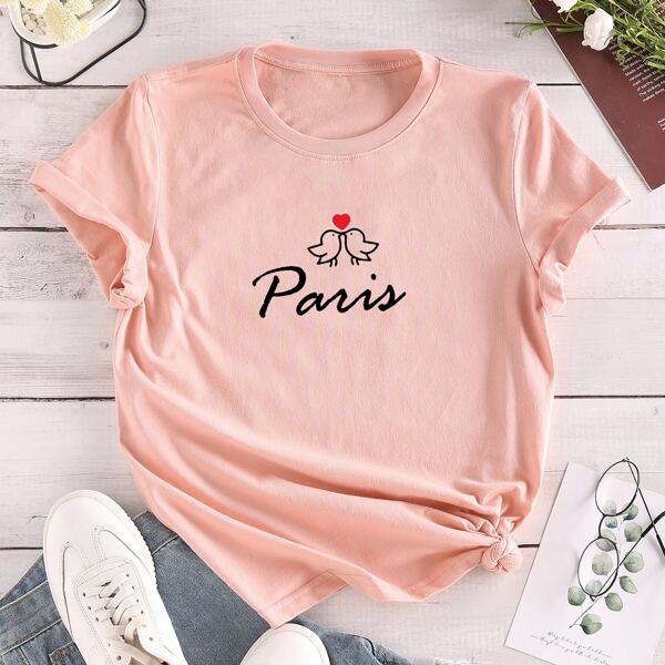 

Bird & Letter Graphic Tee, Coral pink