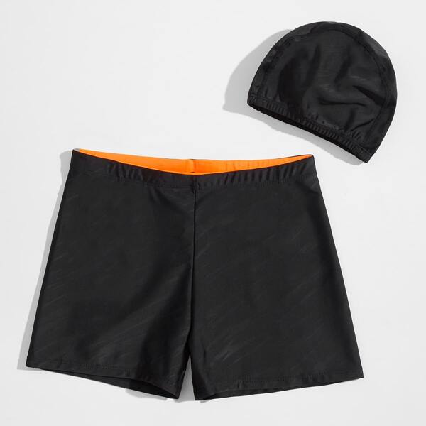 

Men Drawstring Waist Swim Trunks & Swim Cap, Black