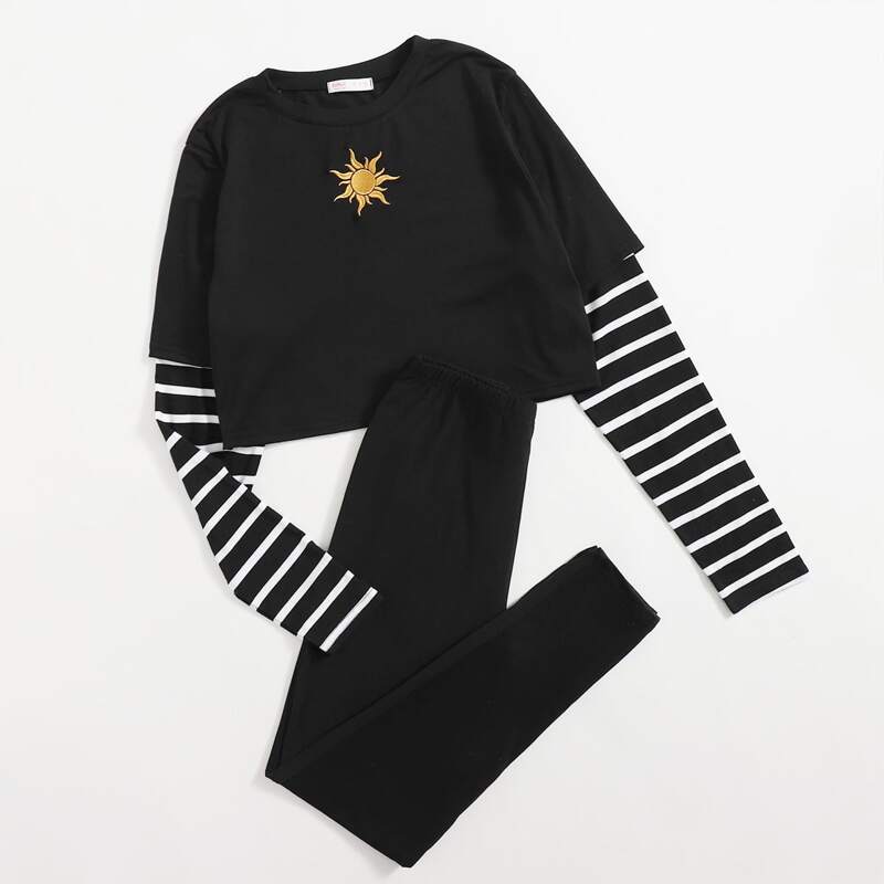 

2 In 1 Striped Sleeve Tee & Pants, Black
