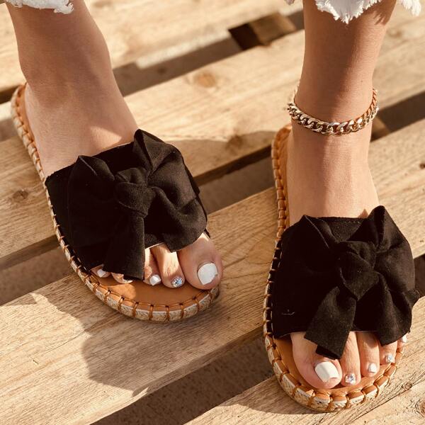 

Bow Decor Suede Slide Sandals, Black