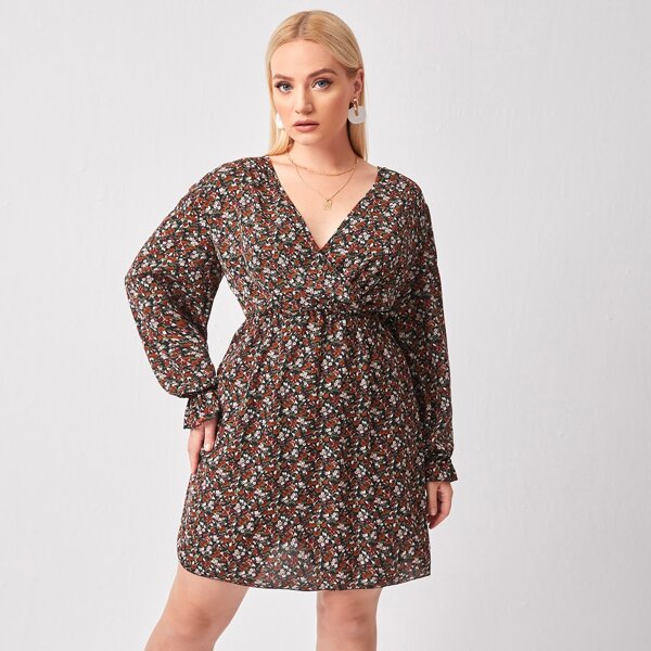 

Plus Ditsy Floral Wrap A-line Dress, Multicolor