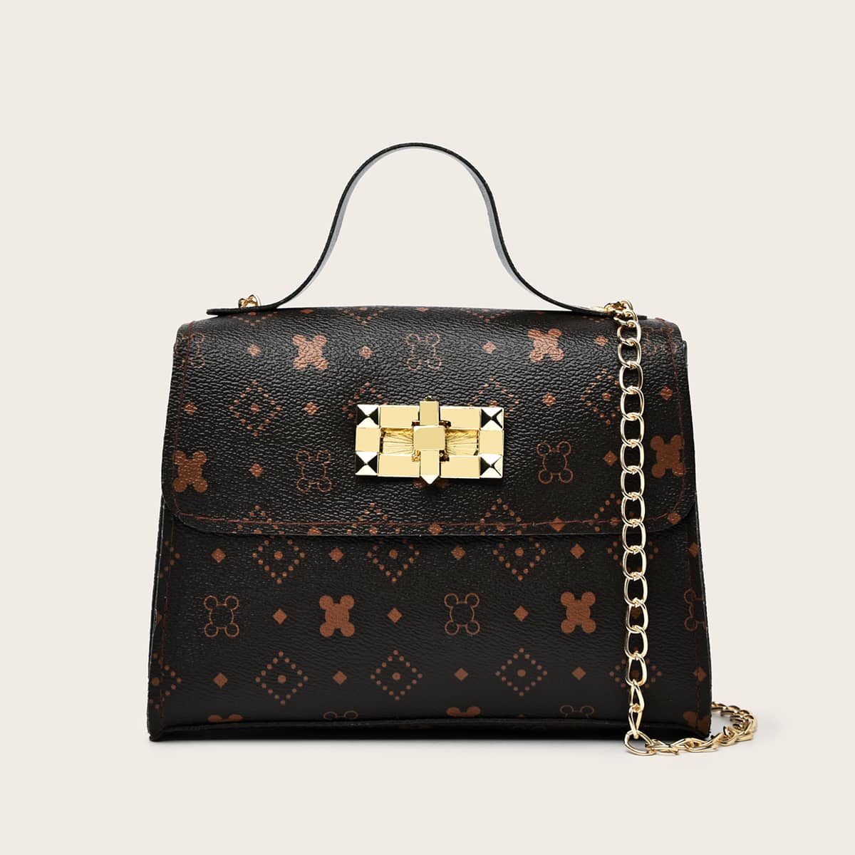 

Geometric Graphic Turn-lock Satchel Bag, Brown