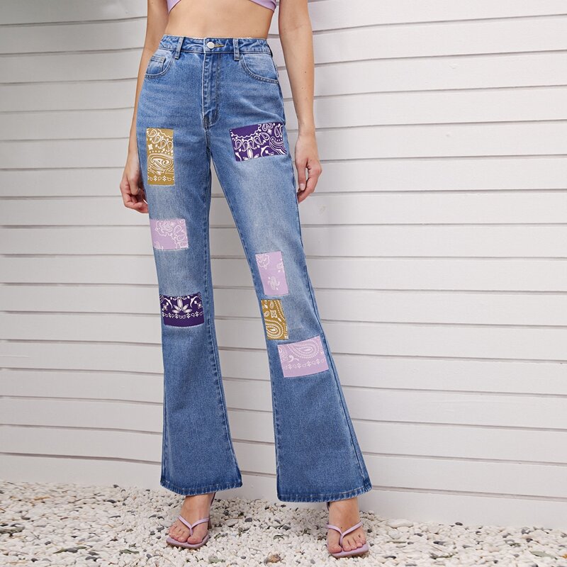 

High Waist Patched Flare Leg Jeans, Medium wash