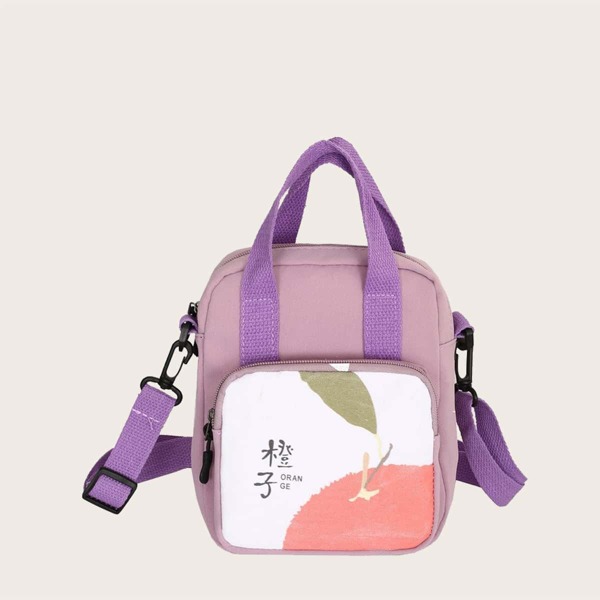 

Girls Chinese Figure Graphic Satchel Bag, Mauve purple