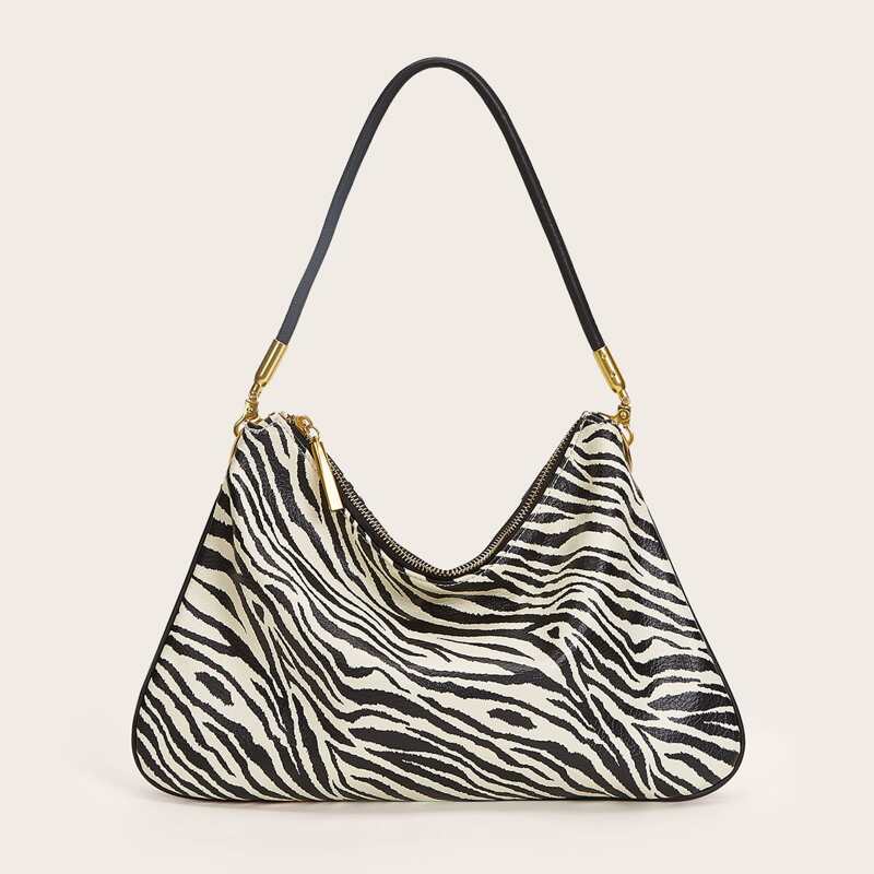 

Zebra Striped Shoulder Bag, Black and white