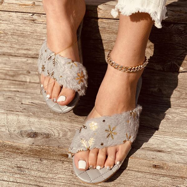 

Snowflake Detail Slide Sandals, Grey