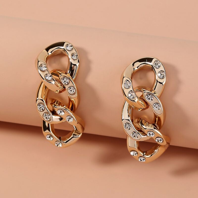 

Rhinestone Chain Design Earrings, Gold