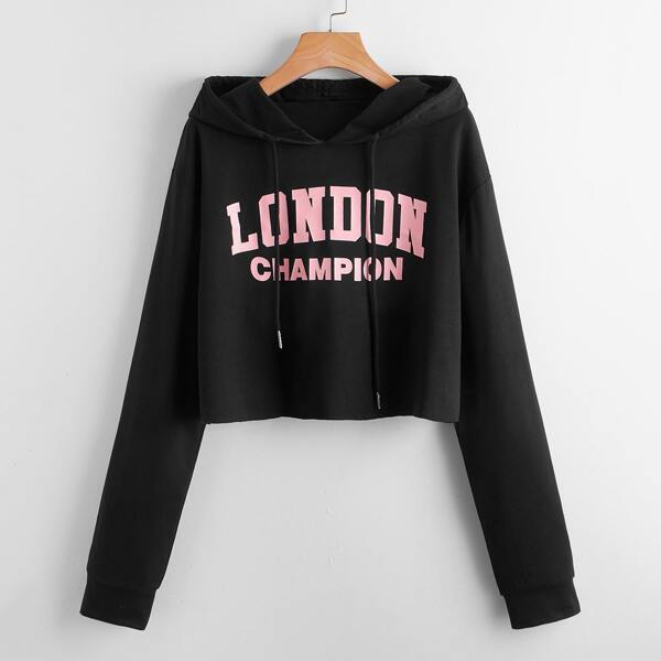 

Letter Graphic Drop Shoulder Drawstring Hoodie, Black