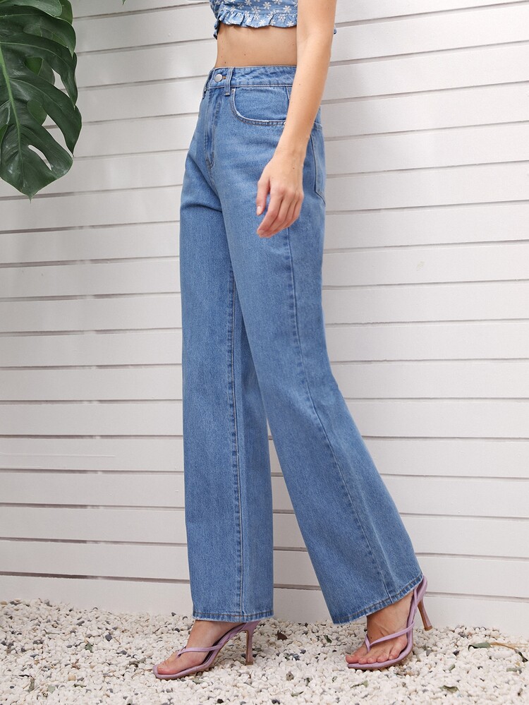 High Waist Straight Leg Jeans - Light Wash - View 4