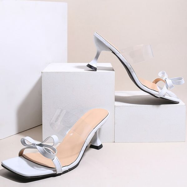 

Bow Decor Pyramid Heeled Mule Sandals, White