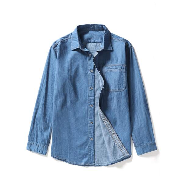 

Men Solid Popper Button Denim Shirt, Medium wash