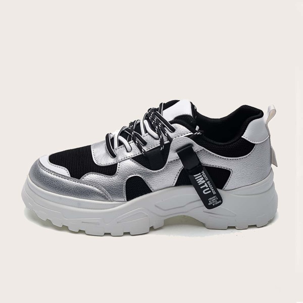 

Men Lace-up Front Mesh Panel Sneakers, Silver