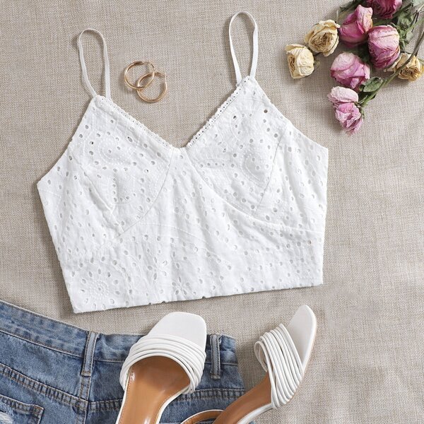 

Eyelet Embroidery Crop Cami Top, White