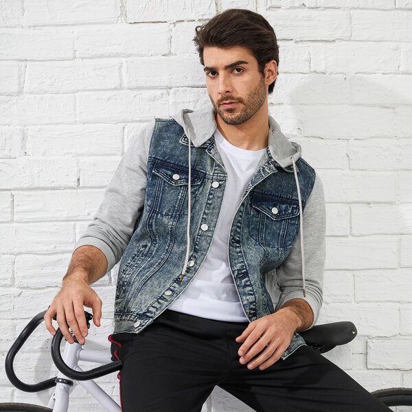 

Men Denim Detachable Hooded Jacket, Medium wash