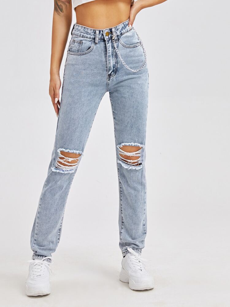 High Waist Ripped Detail Jeans With Chain