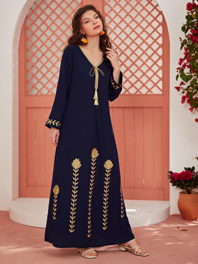 Al Najma Kaftan y Jalabiya Bordado Floral Sencillo - Azul - Ver 3