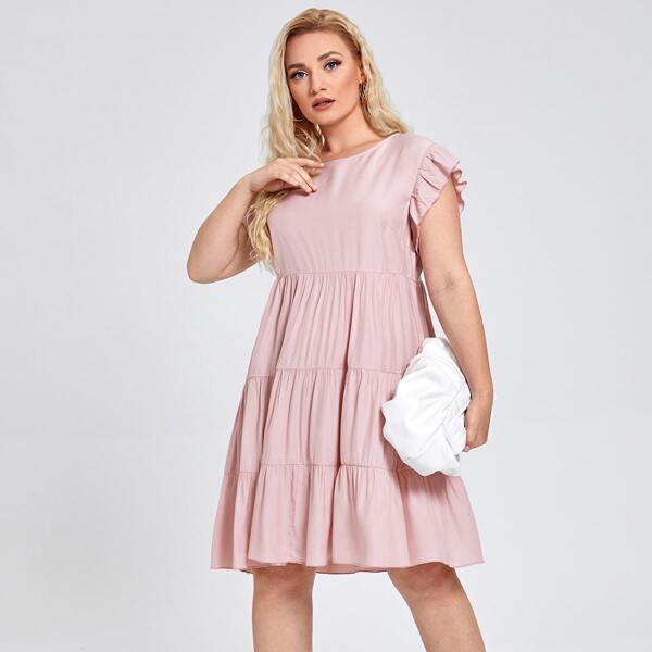 

Plus Ruffle Hem Solid Smock Dress, Baby pink
