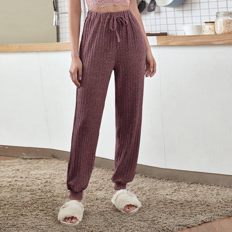 

Solid Ribbed Tie Front Lounge Pants, Redwood