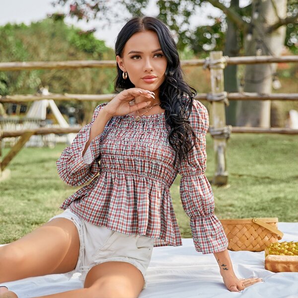 

Plaid Print Flounce Sleeve Shirred Peplum Blouse, Multicolor
