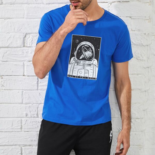 

Men Slogan And Astronaut Print Tee, Blue