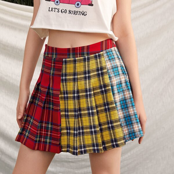 

Colorblock Plaid Pleated Skirt, Multicolor