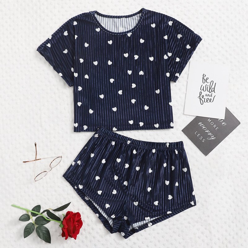 

Heart Print Pajama Set, Navy blue