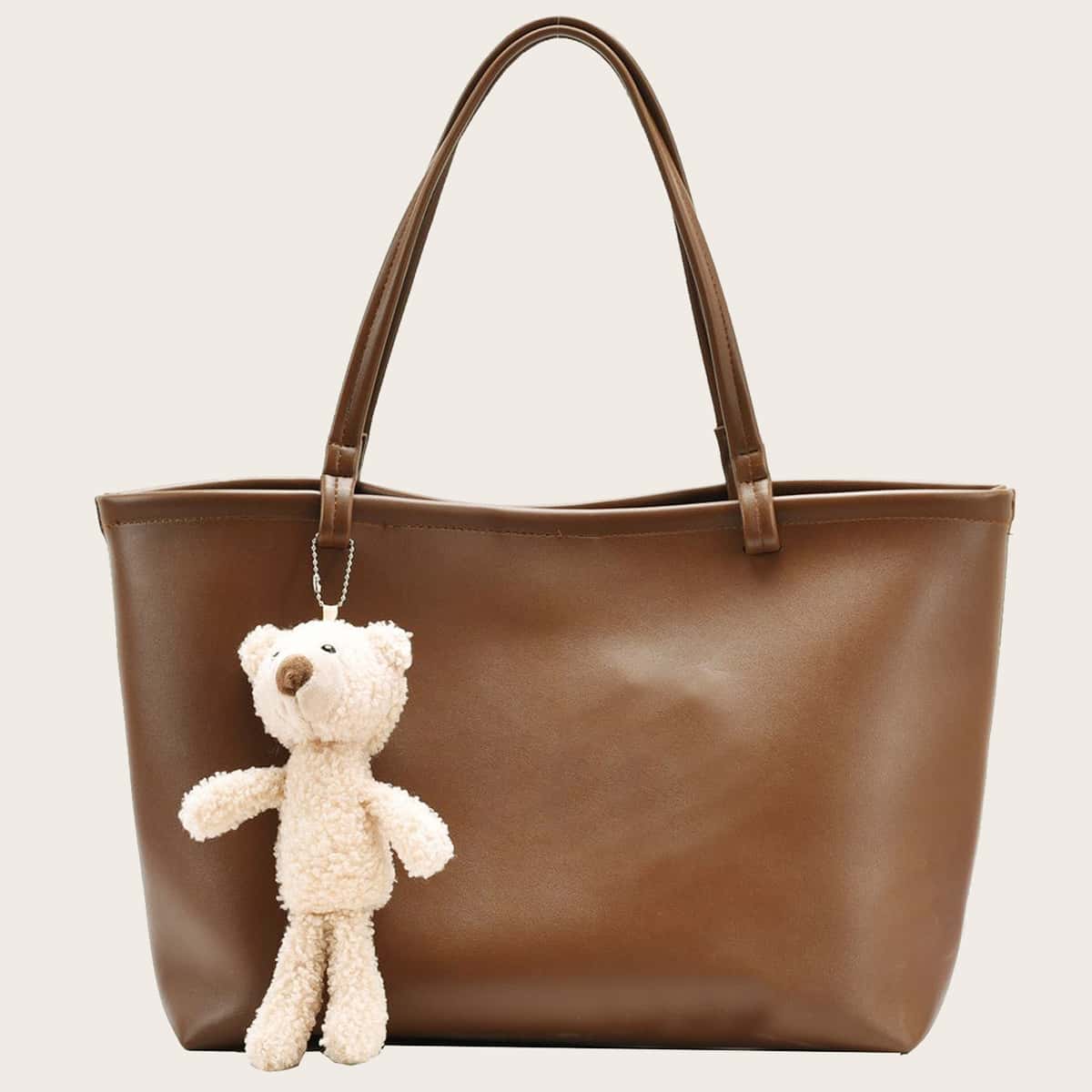 Bear Charm Shoulder Tote Bag, Brown
