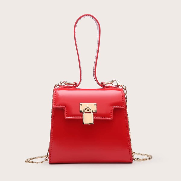 

Mini Metal Lock Decor Flap Satchel Bag, Red