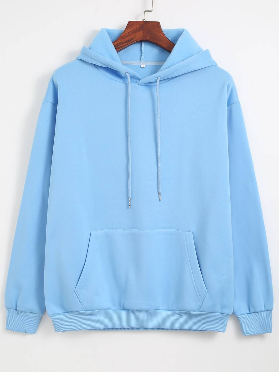 SHEIN EZwear Kangaroo Pocket Thermal Lined Drawstring Hoodie - Baby Blue - View 1