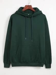 SHEIN EZwear Kangaroo Pocket Thermal Lined Drawstring Hoodie - Dark Green - View 1