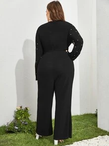 Jumpsuit con diseño de perla pierna amplia - Negro - Ver 2