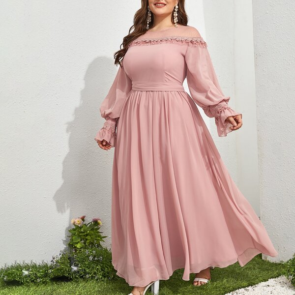 

Plus Mesh Panel Flounce Sleeve Dress, Baby pink