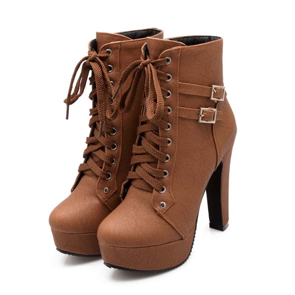 

Buckle Decor Lace-up Front Ankle Boots, Brown