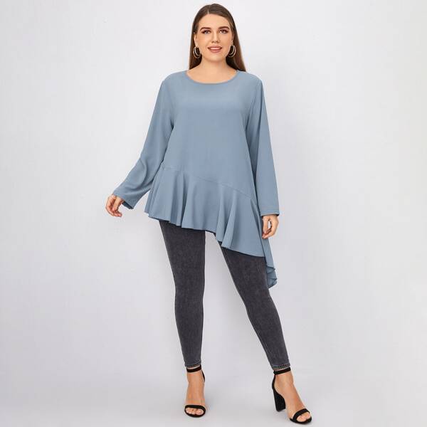 

Plus Asymmetrical Ruffle Hem Blouse, Dusty blue